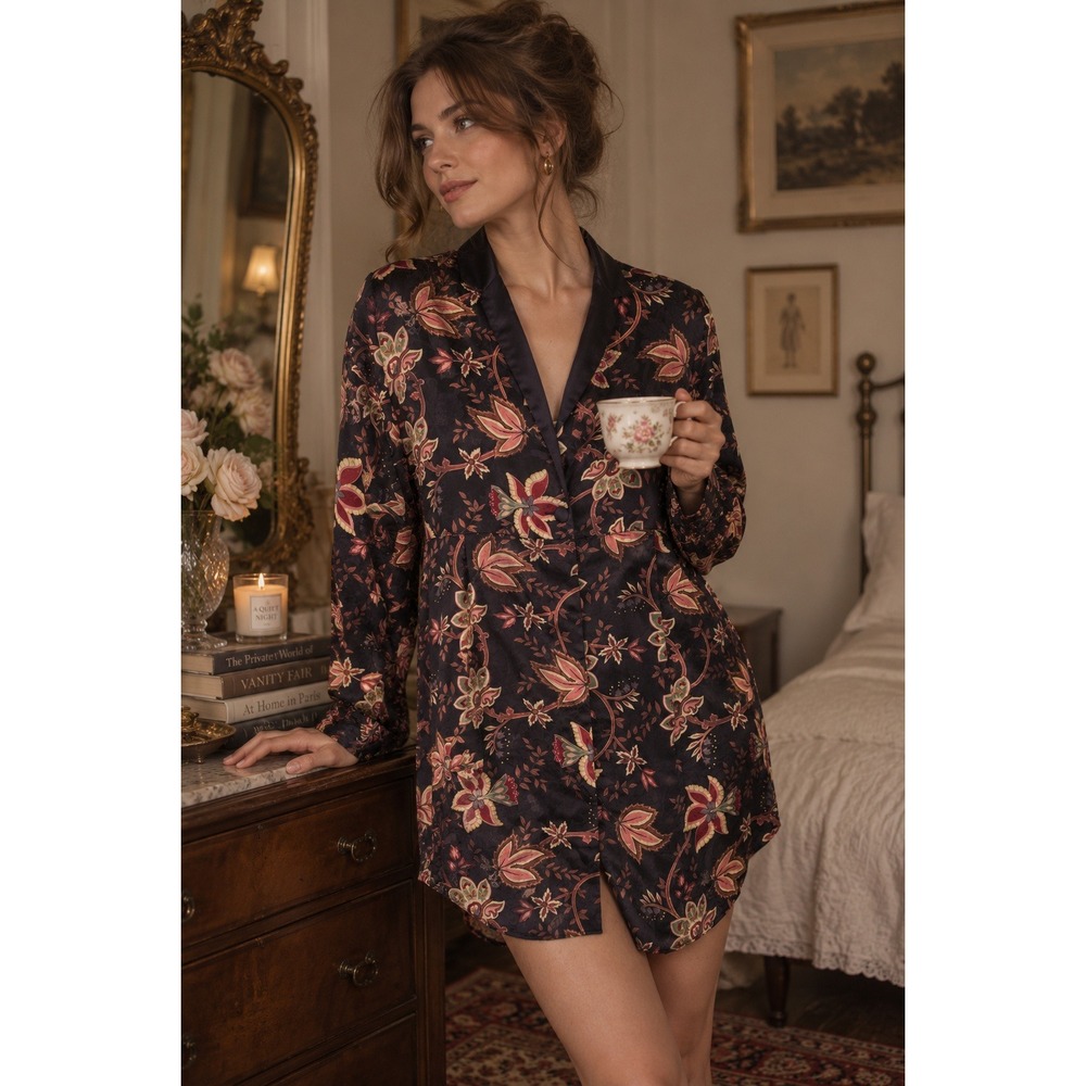 Victoria's Secret Sleepshirt Womens M/L Blue Floral Satin Vintage Gold Label